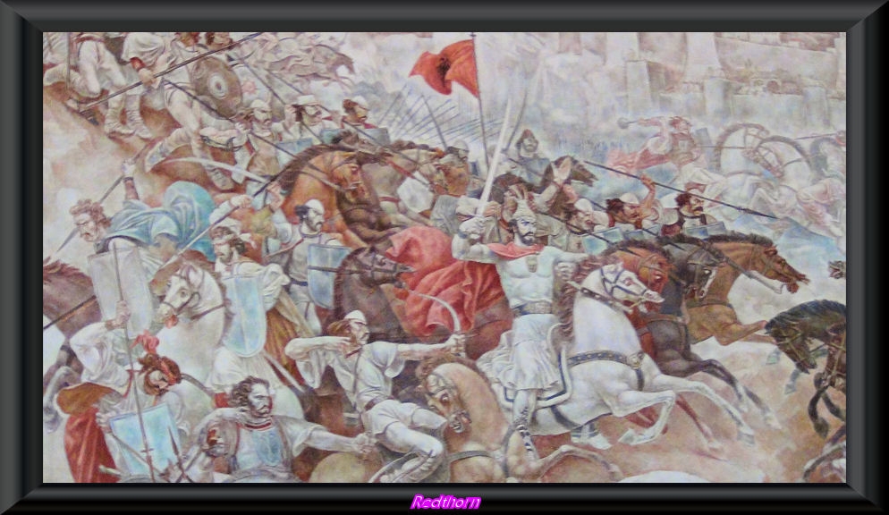 Mural que representa a Scanderberg al frente de sus tropas contra los turcos