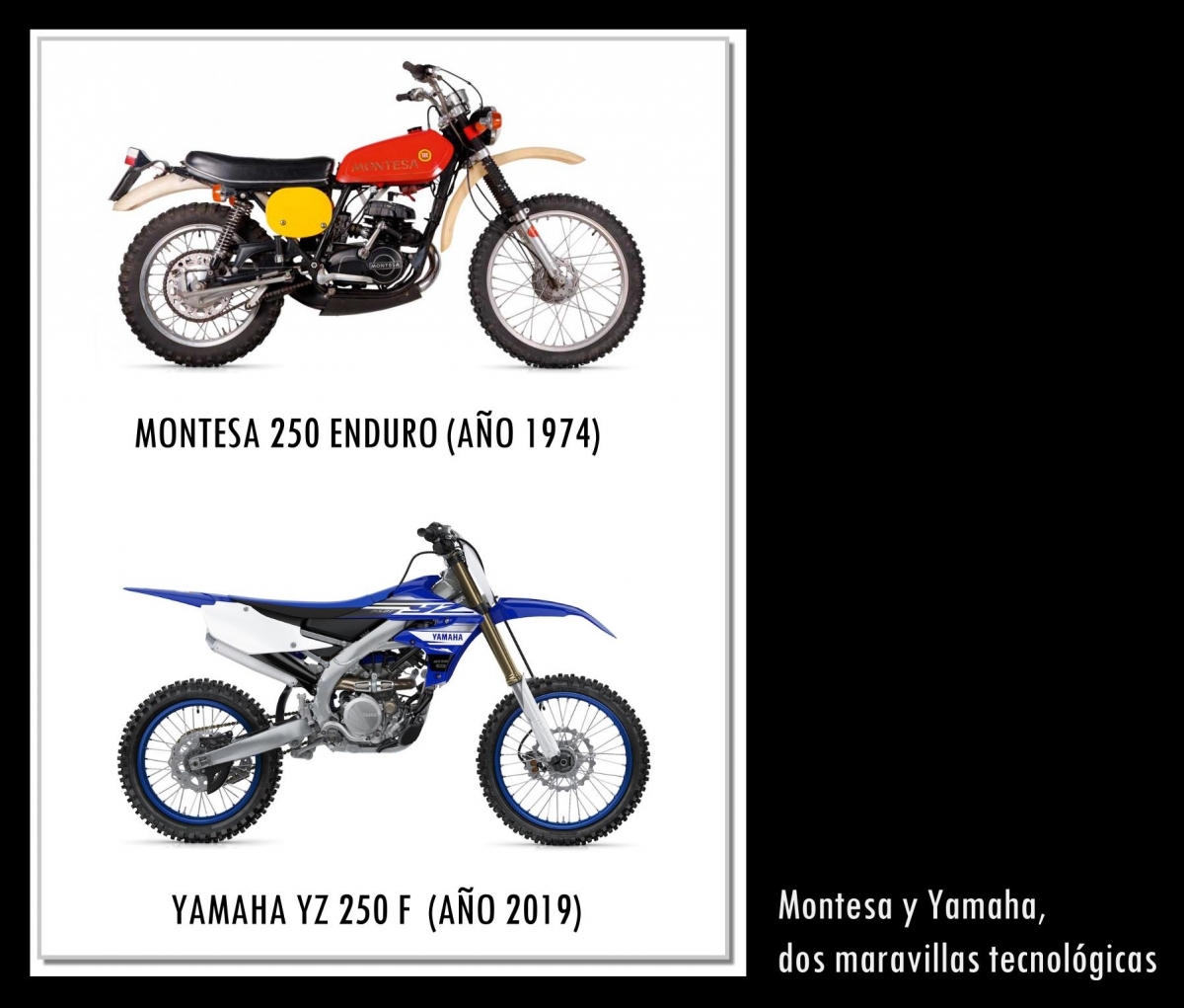 Montesa Enduro 250 H5 (ao 1974) y Yamaha Enduro 250 YZ (ao 2019). Photographic composition by Campeador.