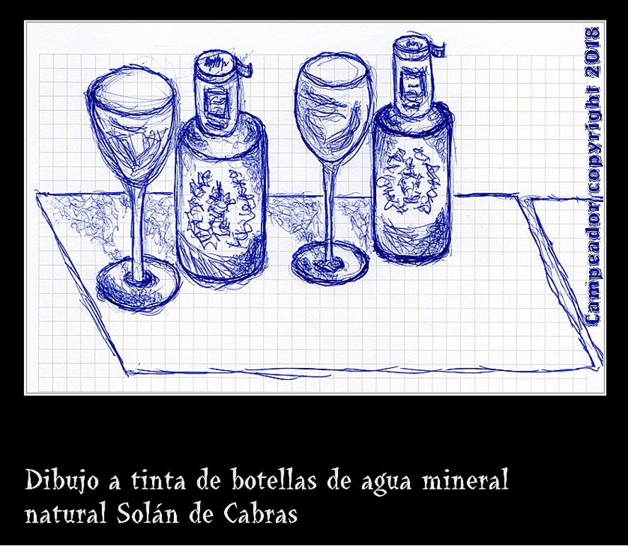Dibujo a bolgrafo de botellas de agua mineral Soln de Cabras - Pen drawing of Soln de Cabras mineral water bottles