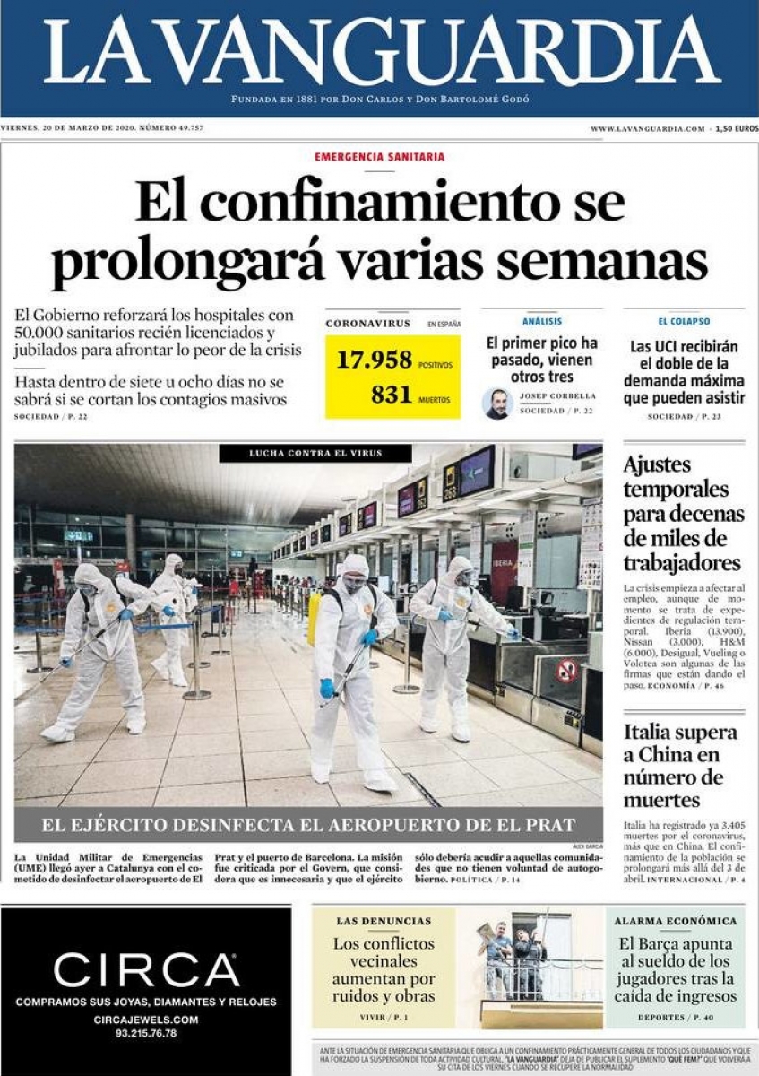 La Vanguardia (portada). El confinamiento se prolongar varias semanas (CORONAVIRUS)