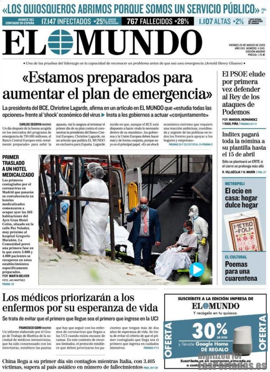 El Mundo (portada). Estamos preparados para aumentar el plan de emergencia (CORONAVIRUS)