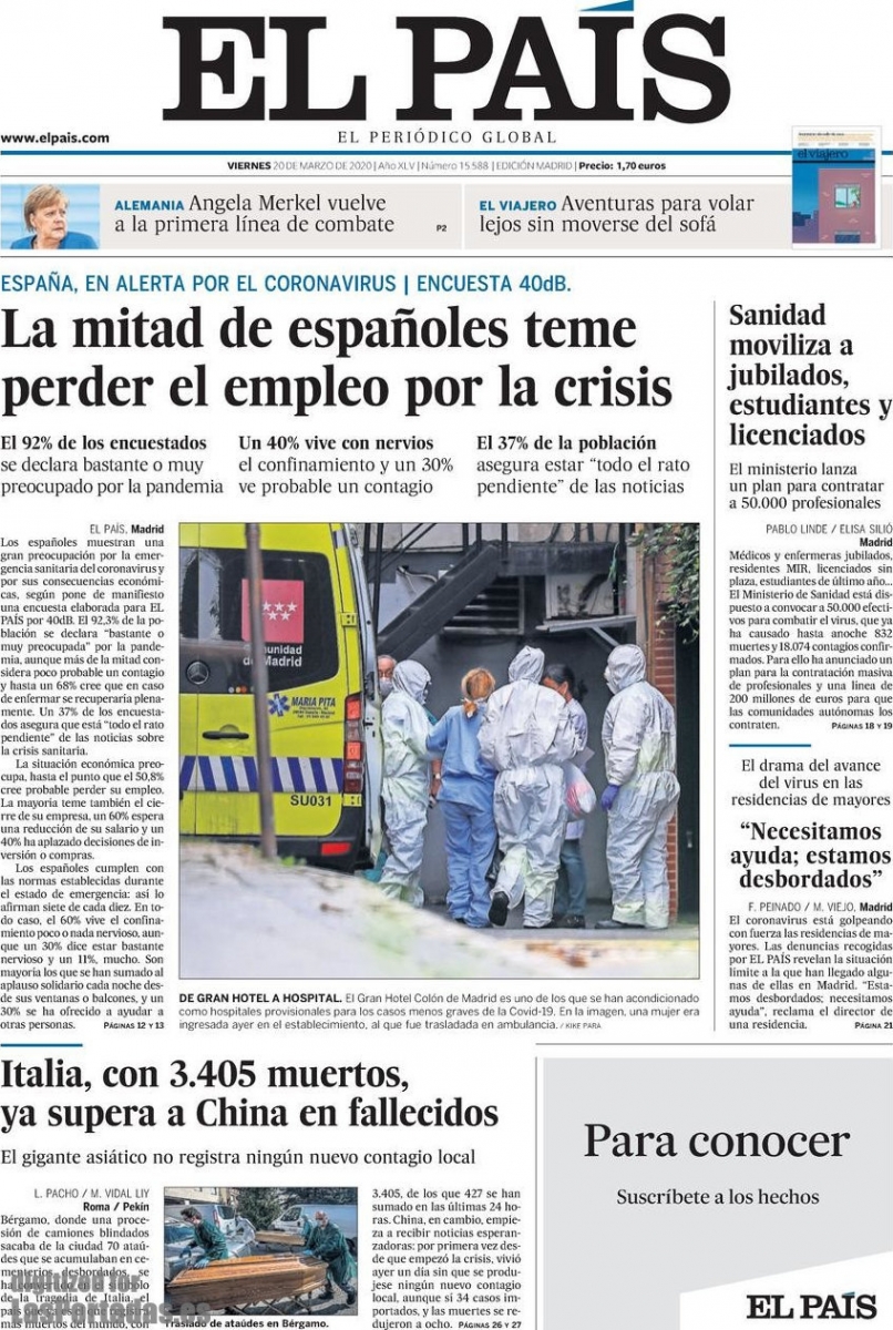 El Pas (portada). La mitad de los espaoles teme perder el empleo por la crisis (CORONAVIRUS)