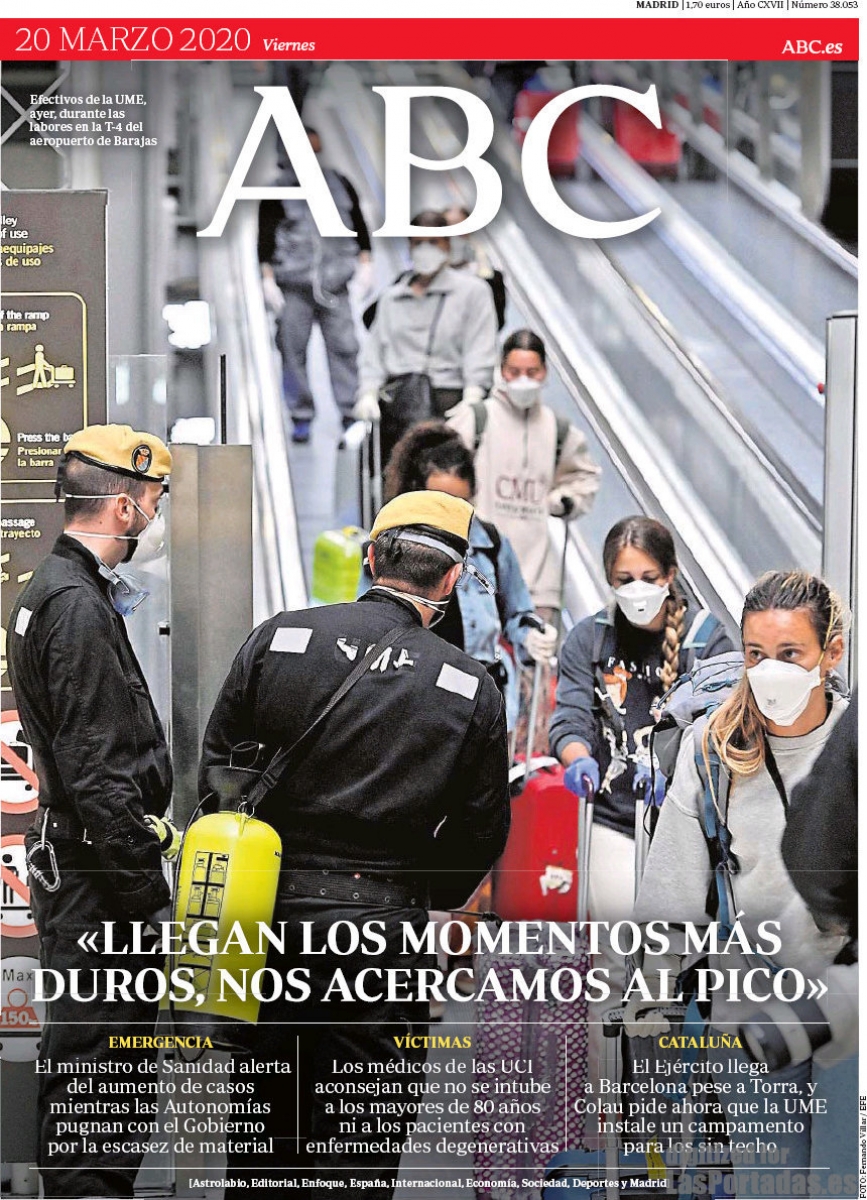 Diario ABC (portada). LLegan los momentos ms duros, nos acercamos al pico (CORONAVIRUS).