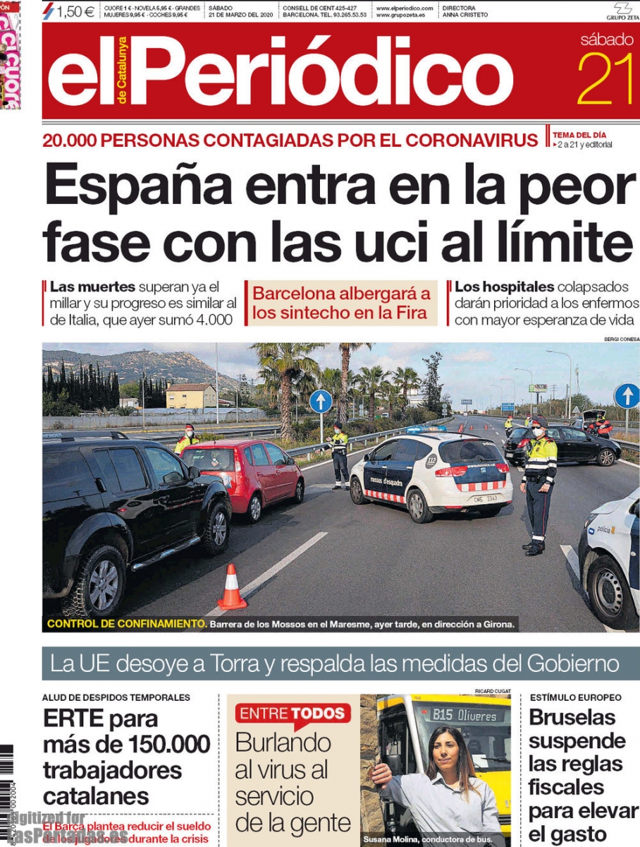 El Peridico de Catalunya (portada). Espaa entra en la peor fase con las UCI al lmite (CORONAVIRUS- 21-03-2020).