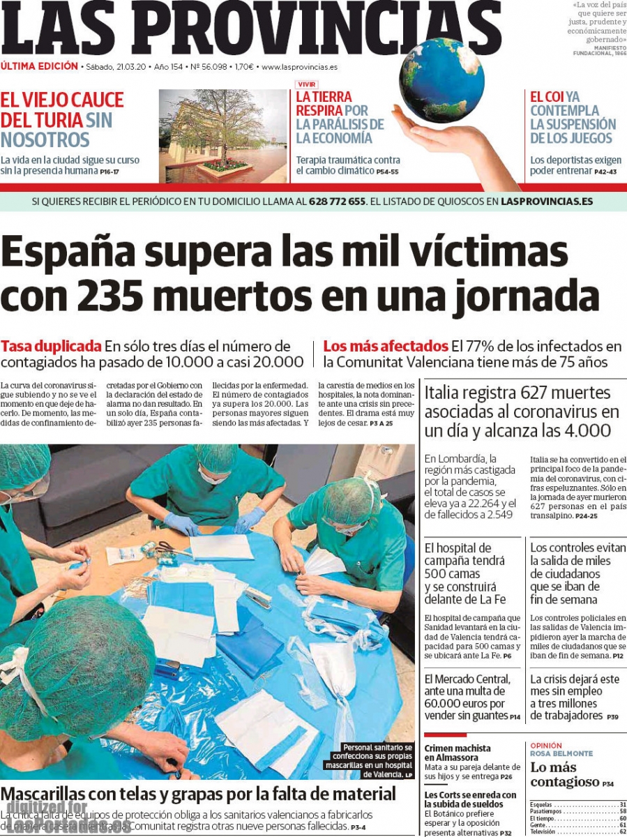Diario Las Provincias (portada). Espaa supera las mil vctimas con 235 muertos en una jornada (CORONAVIRUS 21-03-2020).
