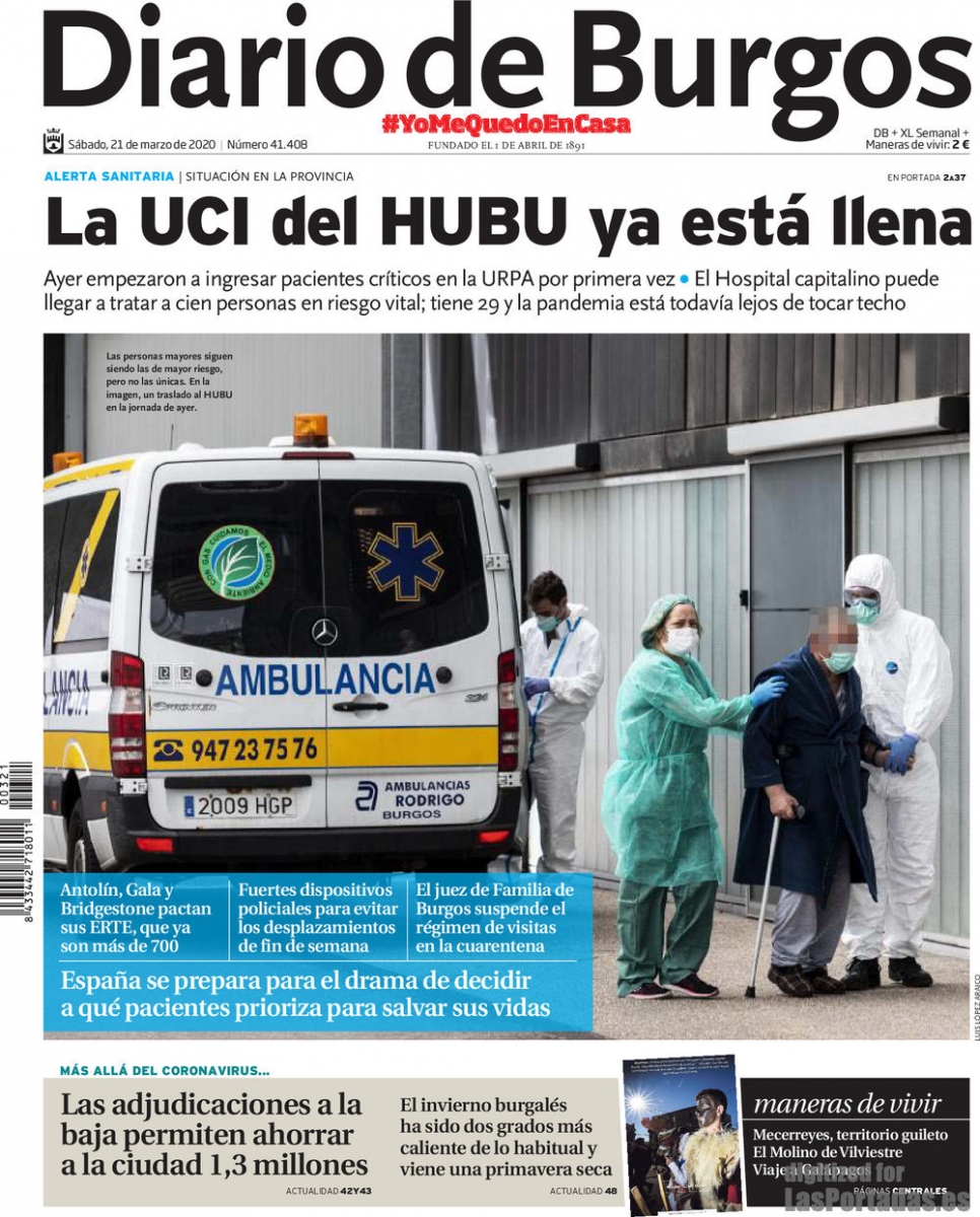 Diario de Burgos (portada). La UCI del Hospital Universitario de Burgos ya est llena (CORONAVIRUS 21-03-2020)