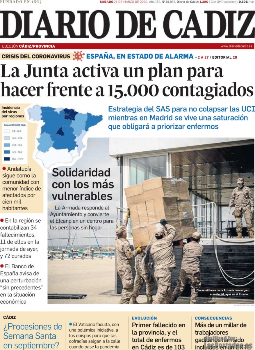 Diario de Cdiz (portada). La Junta activa un plan para hacer frente a 15.000 contagiados (CORONAVIRUS 21-03-2020).
