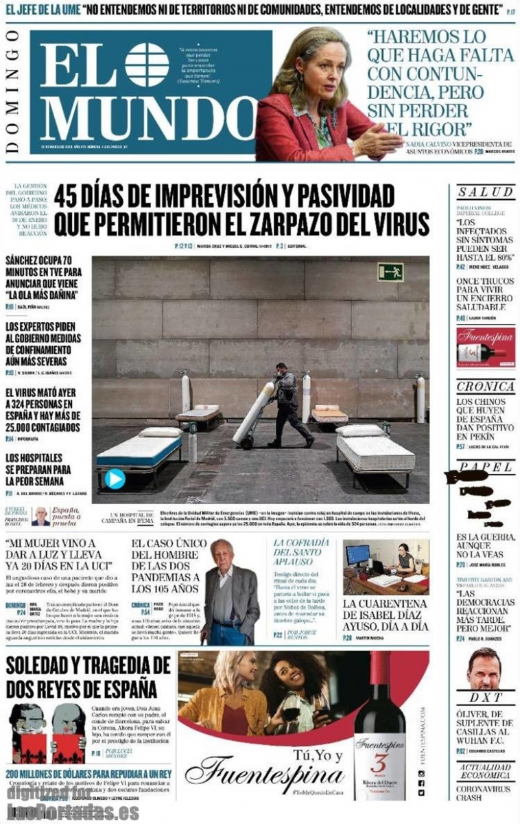 Diario El Mundo (portada). 45 das de imprevisin y pasividad que permitieron el zarpazo del virus (CORONAVIRUS 22-03-2020)