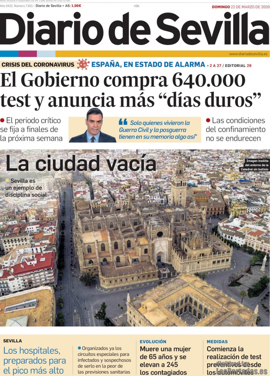 Diario de Sevilla (portada). El gobierno compra 650.000 test y anuncia ms (CORONAVIRUS  22-03-2020)