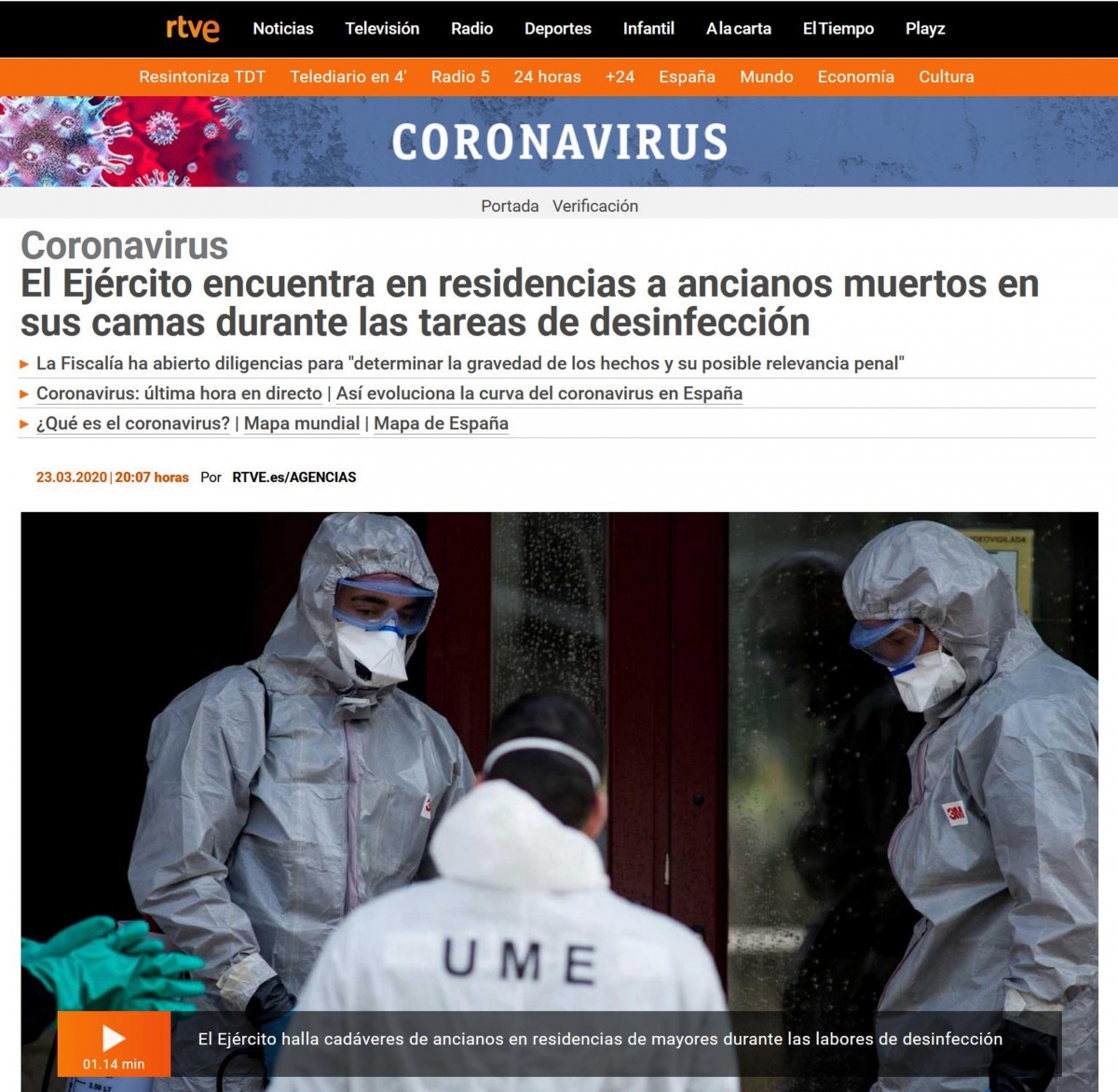 Web de RTVE. El Ejrcito encuentra en Residencias a ancianos muertos en sus camas durante las tareas de desinfeccin. (CORONAVIRUS 23- 03- 2020)