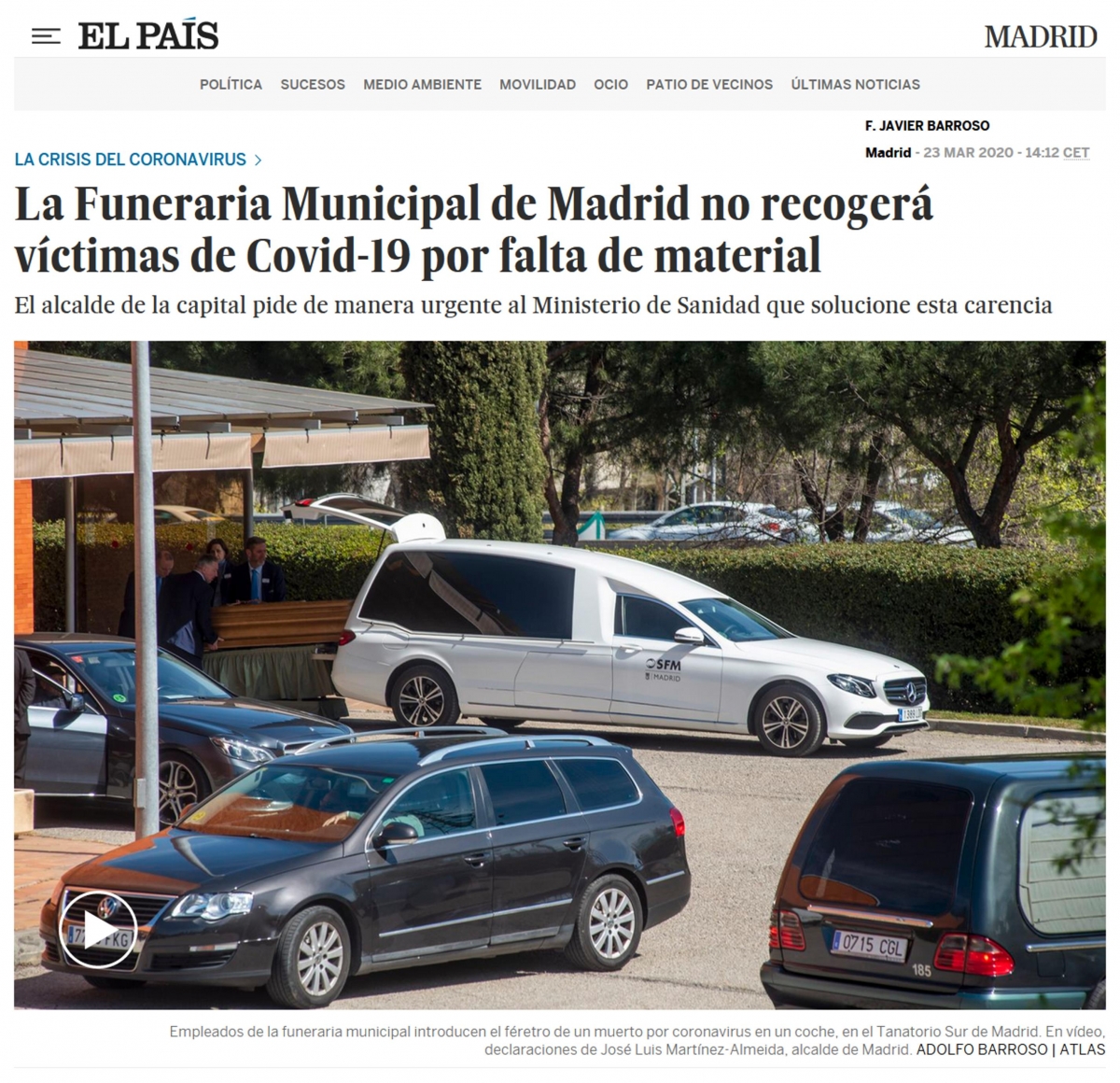 Pgina web de El Pas. La Funerara Municipal de Madrid no recoger vctimas de Covid-19 por falta de material. (CORONAVIRUS 23-03-2020)