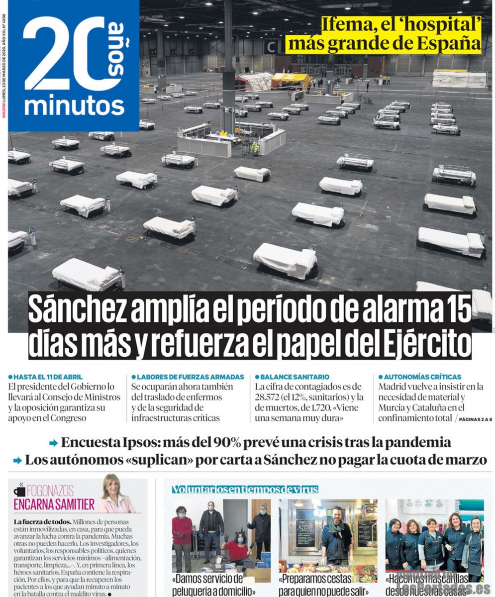 Diario 20 Minutos. Snchez amplia el periodo de alarma 15 das y refuerza el papel del Ejrcito. (CORONAVIRUS 23-03-2020)