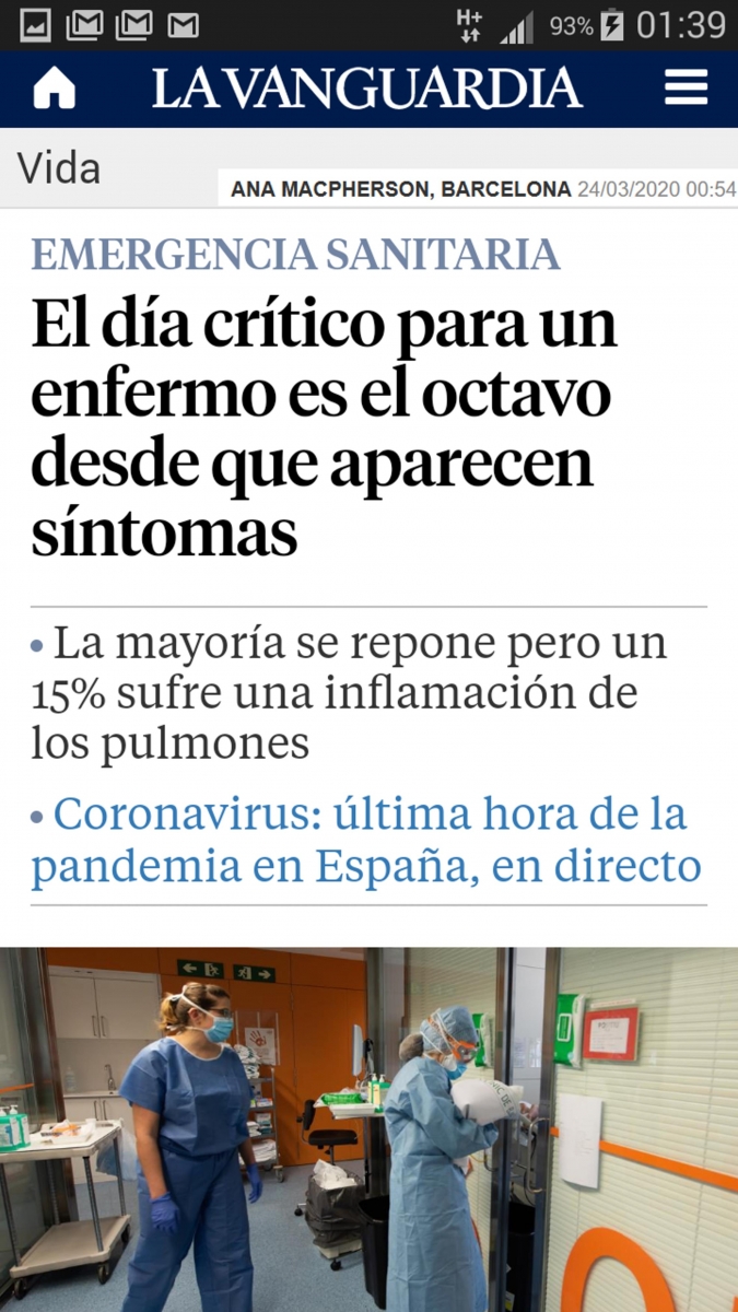 Portada de La Vanguardia. Impresin de pantalla de smartphone (CORONAVIRUS 24-03-2020)