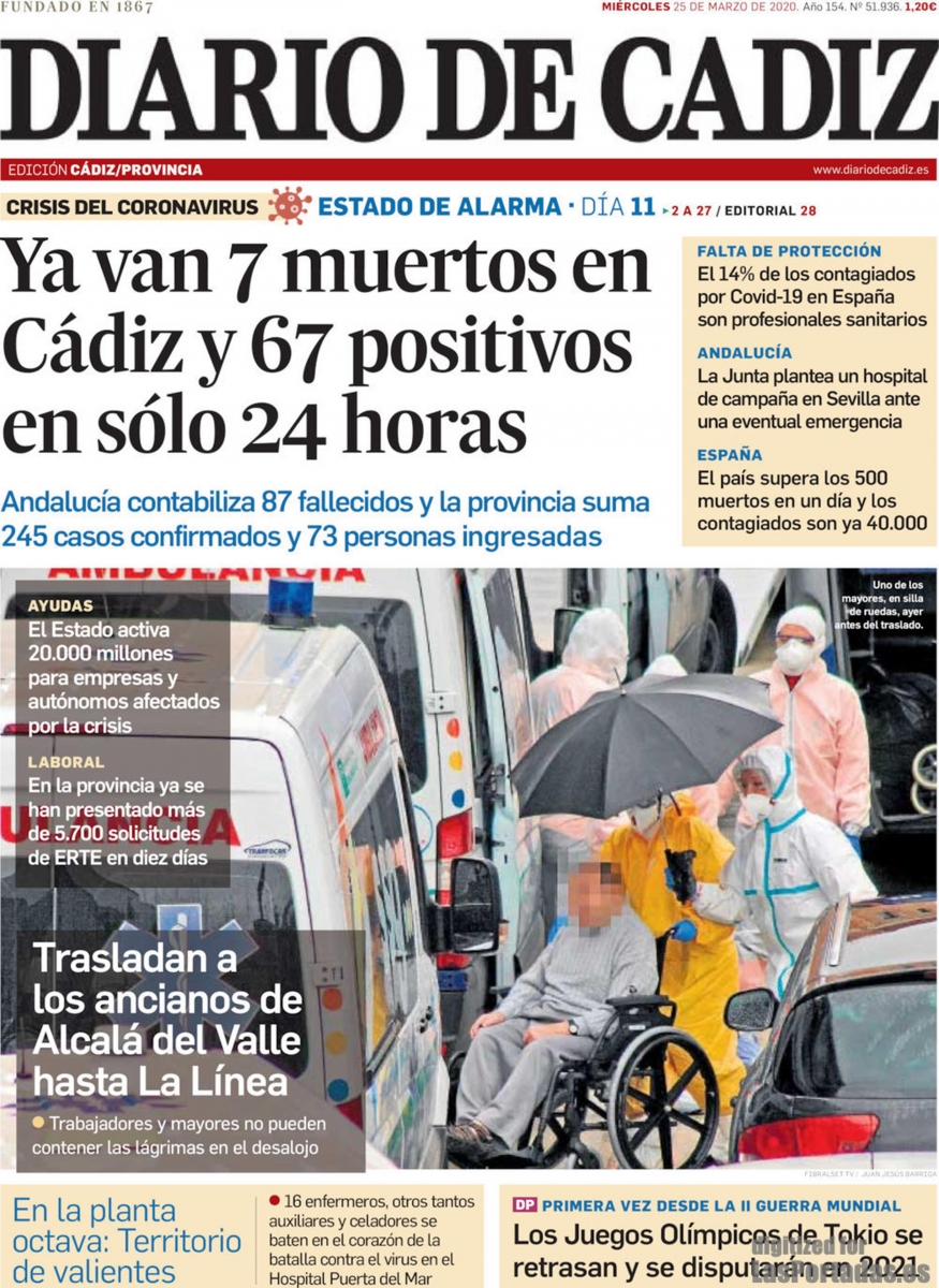 Portada de El Diario de Cdiz. Ya van 7 muertos en Cdiz y 67 positivos en solo 24 horas (CORONAVIRUS 25-03-2020)