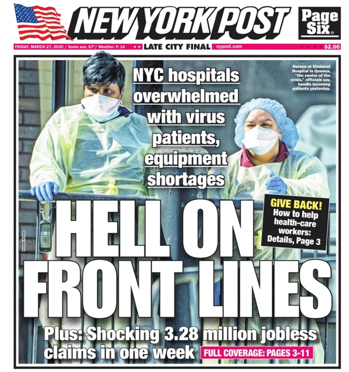 New York Post Newspaper. NYC hospitals overwhelmed with virus patients, equipment shortages (CORONAVIRUS 27-03-2020)