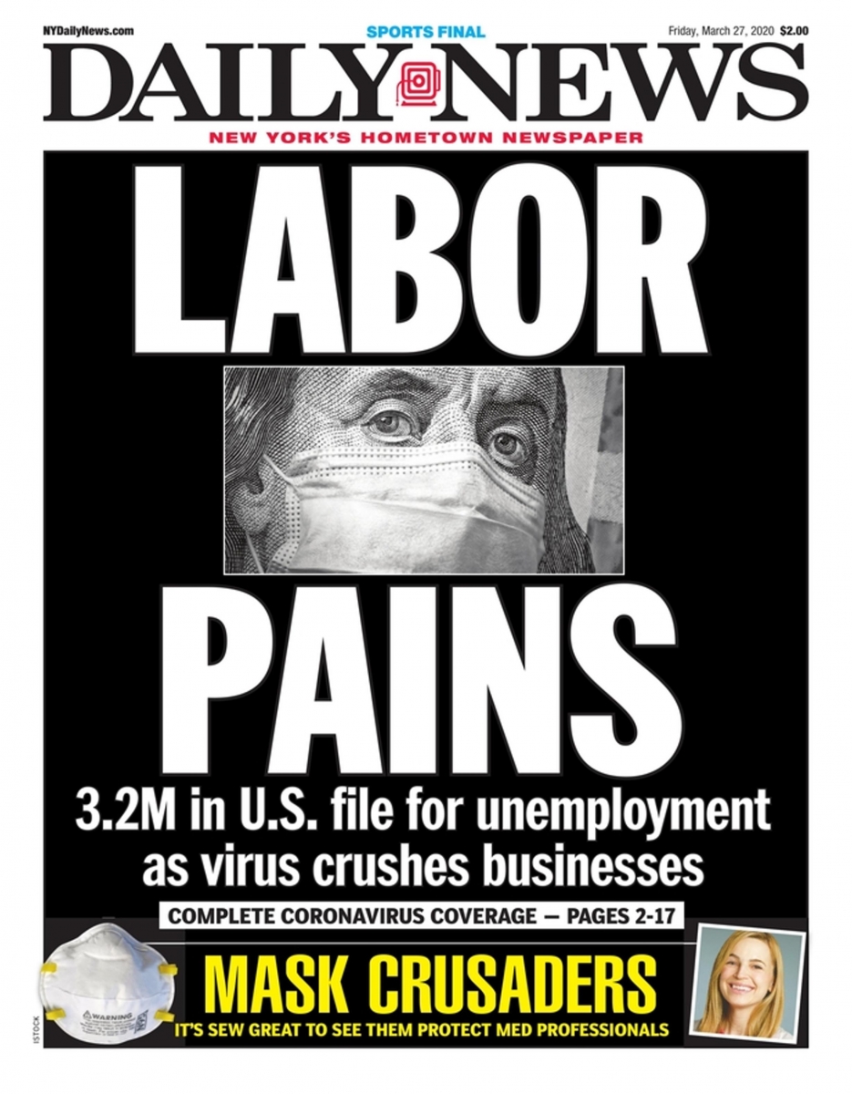Daily News Newspaper. 3.2 M in US file for unemployment as virus crushes businesses. (CORONAVIRUS 27-03-2020)