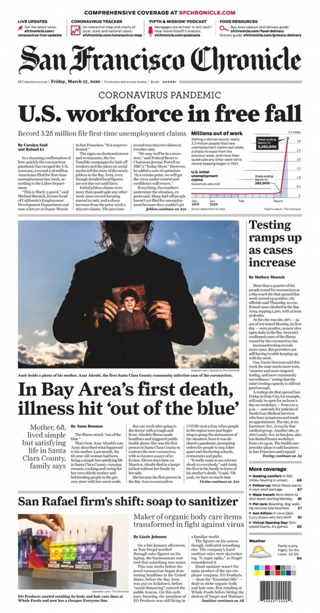 San Francisco Chronicle Newspaper.   U.S. workforce in free fall.   (CORONAVIRUS 27-03-2020)