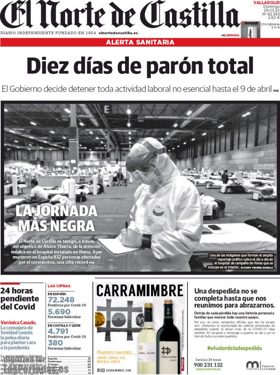 El Norte de Castilla. Ayer murieron en Espaa 832 personas afectadas por el coronavirus. (CORONAVIRUS 29-03-2020)