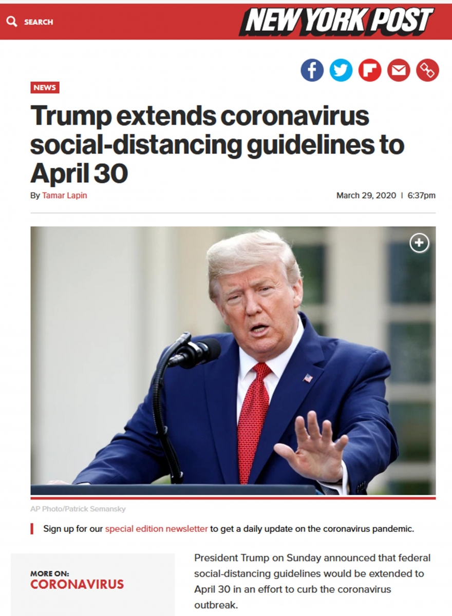 The New York Post. Trump extends coronavirus social-distancing guidelines to April 30. (CORONAVIRUS 29-03-2020)