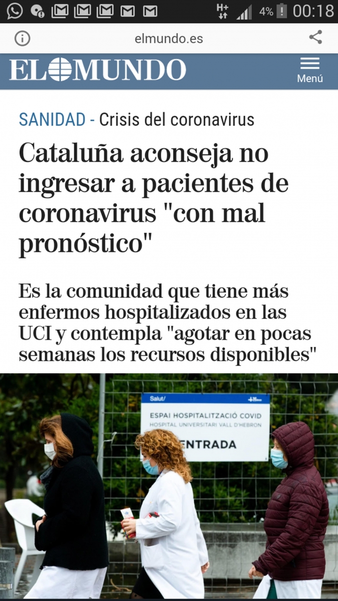 El Mundo. Catalua aconseja no ingresar a pacientes, de coronavirus, con mal pronstico. (CORONAVIRUS 31-03-2020)