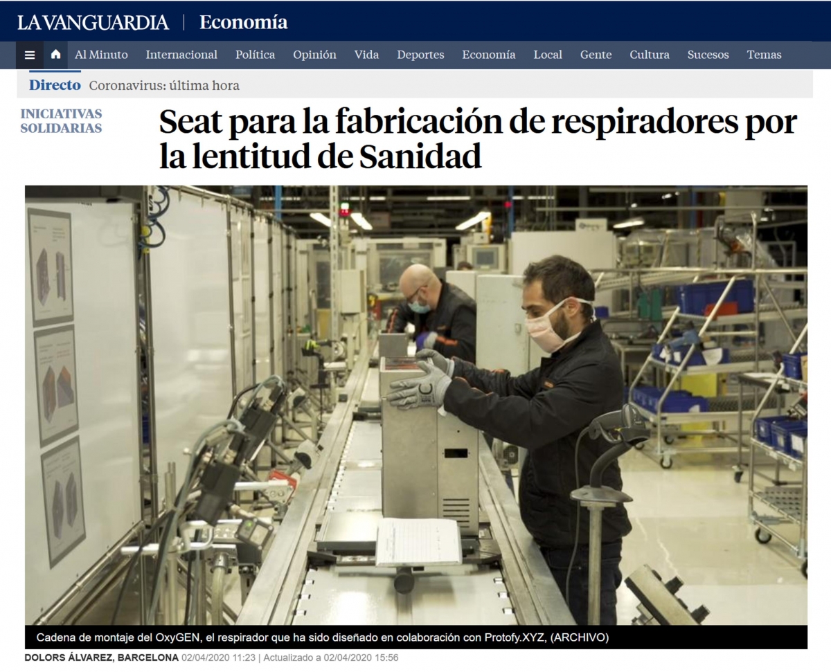 La Vanguardia. Seat para la fabricacin de respiradores por la lentitud de Sanidad. (CORONAVIRUS 02-abril-2020)