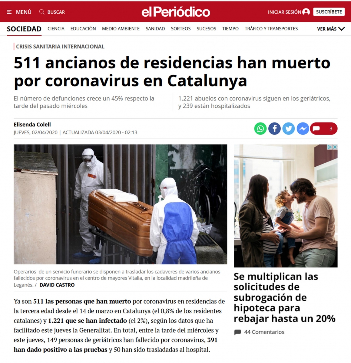 El Peridico de Catalunya. 511 ancianos de residencias han muerto por coronavirus en Catalunya. (CORONAVIRUS- 03-abril-2020).