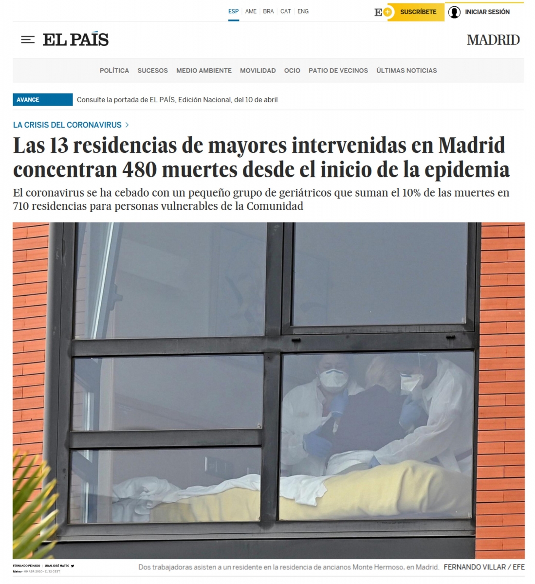 El Pas. Las 13 residencias de mayores intervenidas en Madrid concentran 480 muertes desde el inicio de la epidemia. (CORONAVIRUS 09-abril-2020)