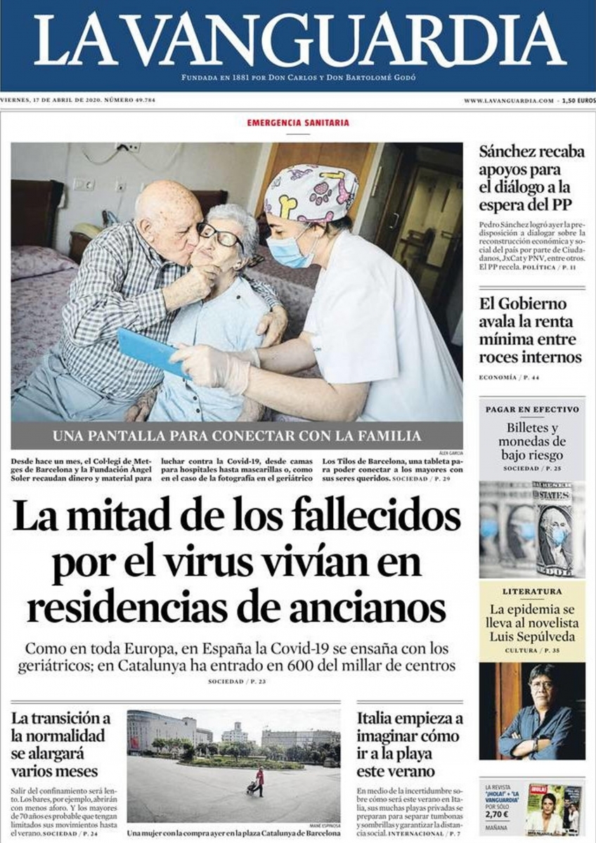 Diario La Vanguardia (portada). La mitad de los fallecidos por el virus vivan en residencias de ancianos. (CORONAVIRUS 17-04-2020).