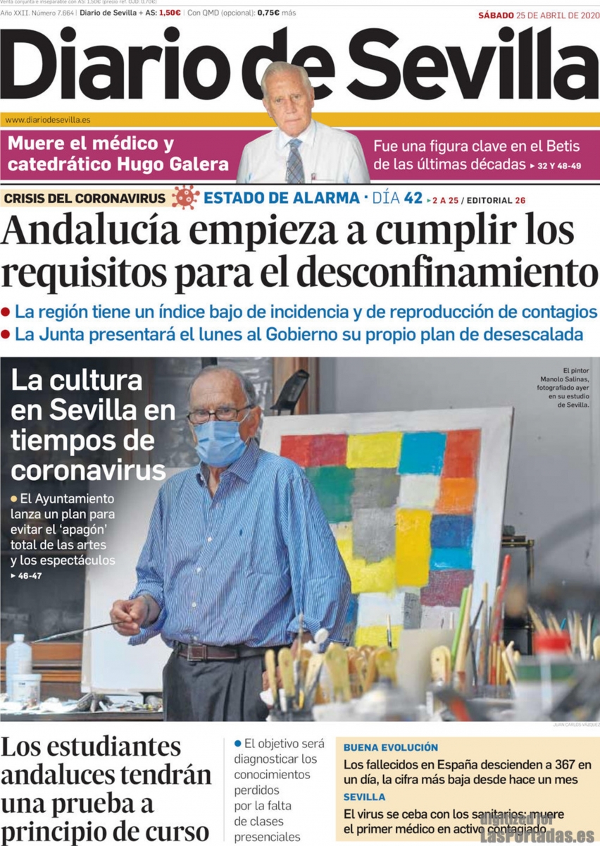 Diario de Sevilla (portada). Andaluca empieza a cumplir los requisitos para el desconfinamiento. (CORONAVIRUS  25-04-2020)