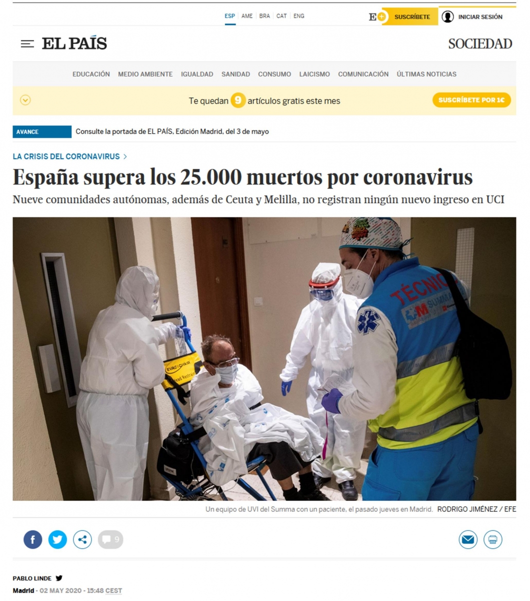 El Pas. Espaa supera los 25.000 muertos por coronavirus. (CORONAVIRUS 02-mayo-2020). 