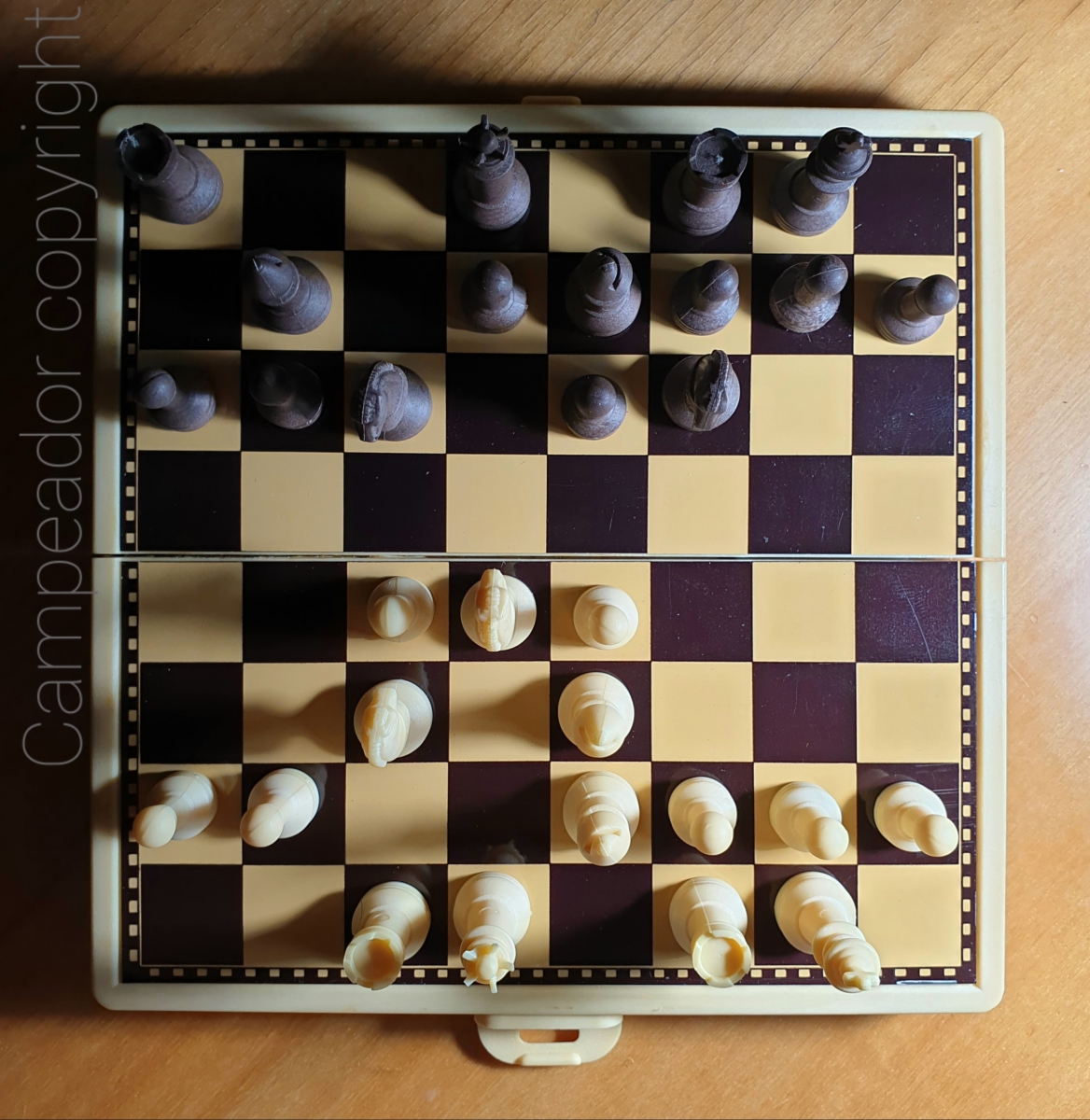 Apertura inglesa en tablero de ajedrez magnético plegable. Photo by Mario Cid.
