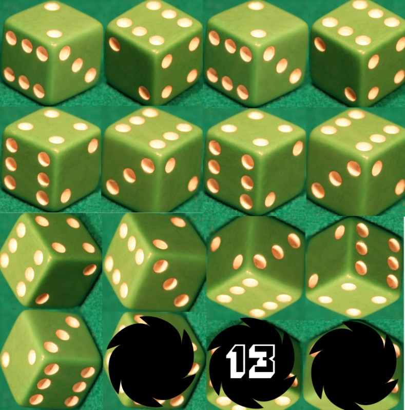 13 dados verdes - 13 green dice. Photo by Mario Cid.