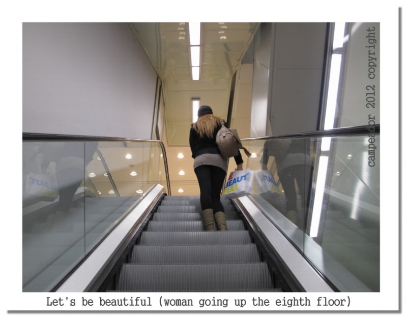 Let\'s be beautiful (woman on escalator up to the eighth floor). Seamos bellos (mujer en escaleras elctricas subiendo al octavo piso).